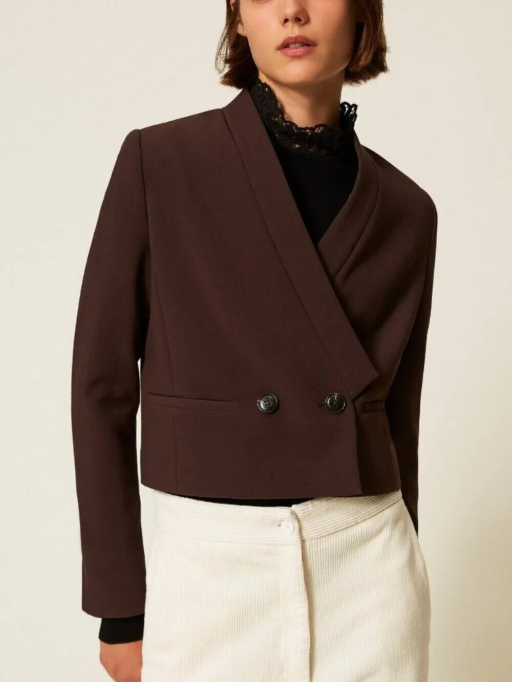 Twinset "Black Chocolate" Crepe Double-Breasted Cropped Blazer
